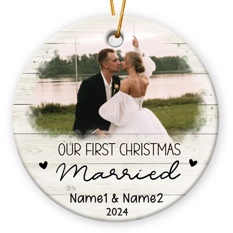 Our First Christmas Married Personalised Picture Ceramic Ornament, First Xmas Married Ornament 2026, Newlywed Gift Keepsake