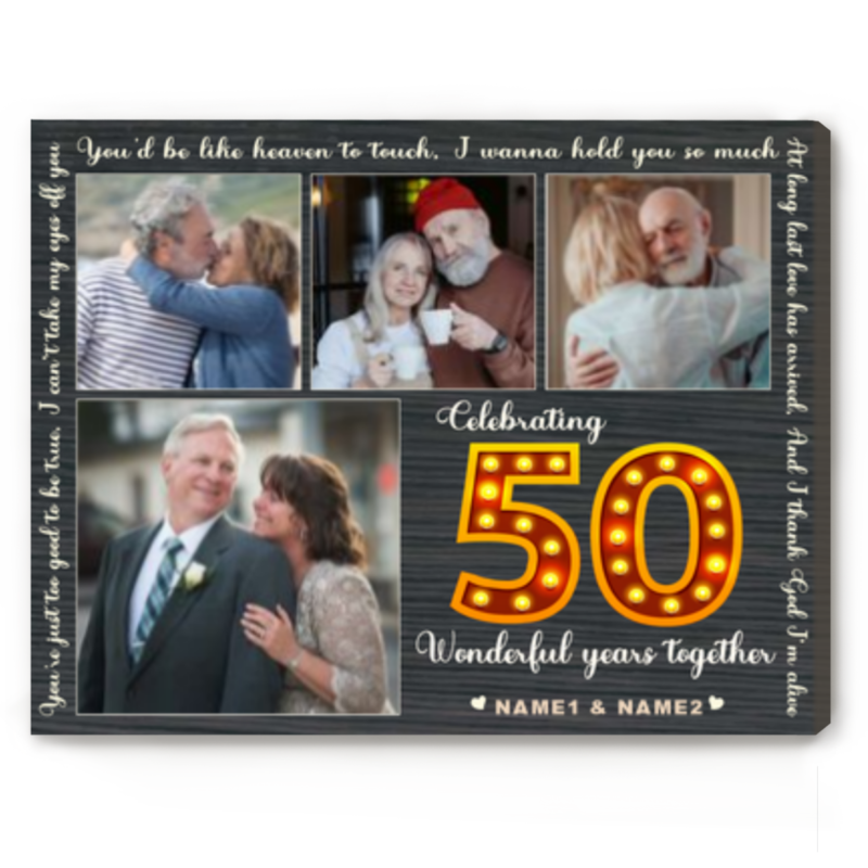 Celebrating 50 Wonderful Years Together Personalized Collage Canvas, Golden Anniversary Gift For Mom & Dad, 50th Anniversary Party Decor