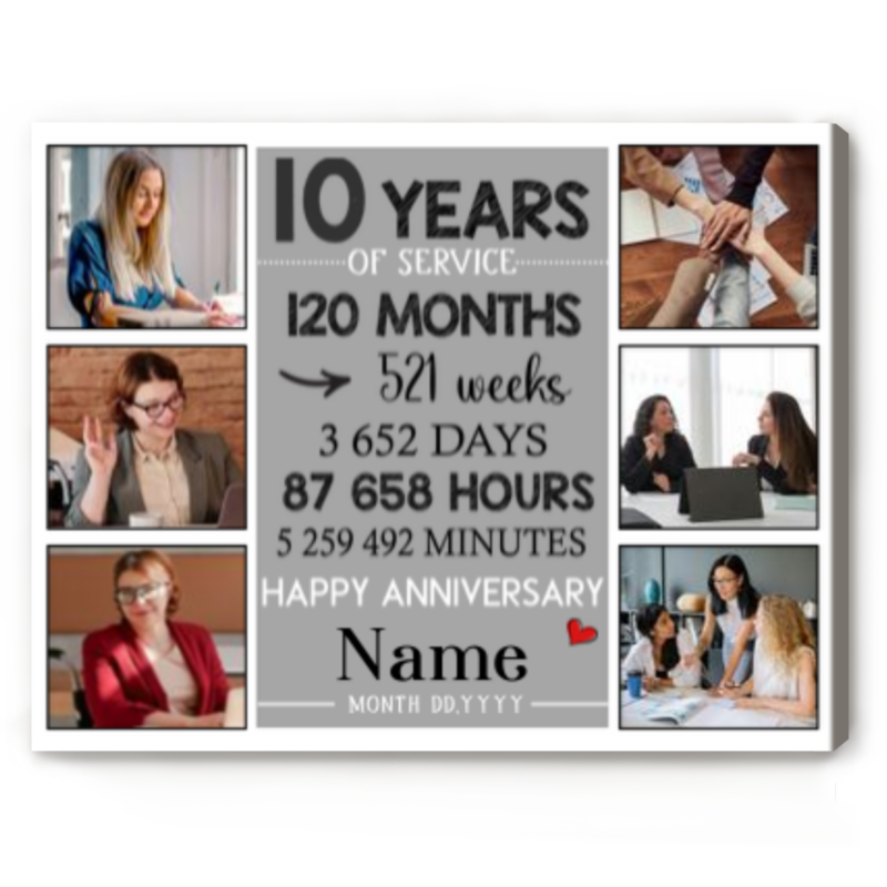 10 Years of Service Personalized Photo Collage Canvas, 10 Year Work Anniversary Gift, 10 Year Employee Appreciation Gift