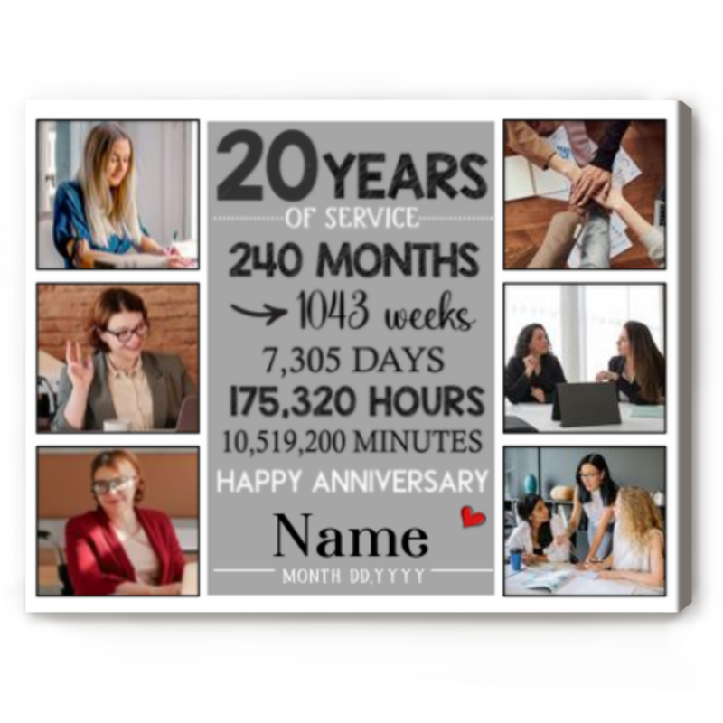 Personalized 20 Years of Service Photo Collage Canvas, 20th Work Anniversary Gift, 20 Years Retirement Gift, 20 Year Employee Gift