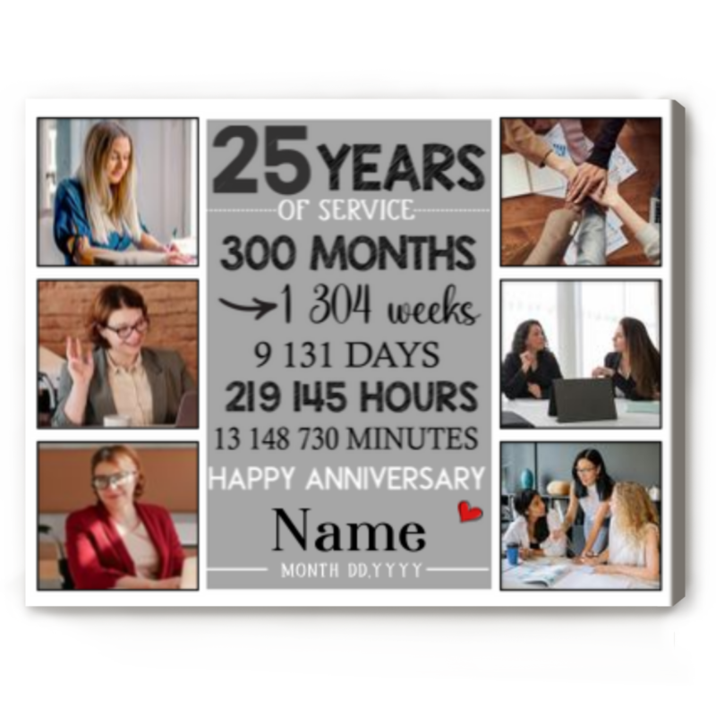 Personalized 25 Years of Service Photo Collage Canvas, 25th Work Anniversary Gifts, 25 Years Employee Appreciation Gift, 25 Years Retirement Gift