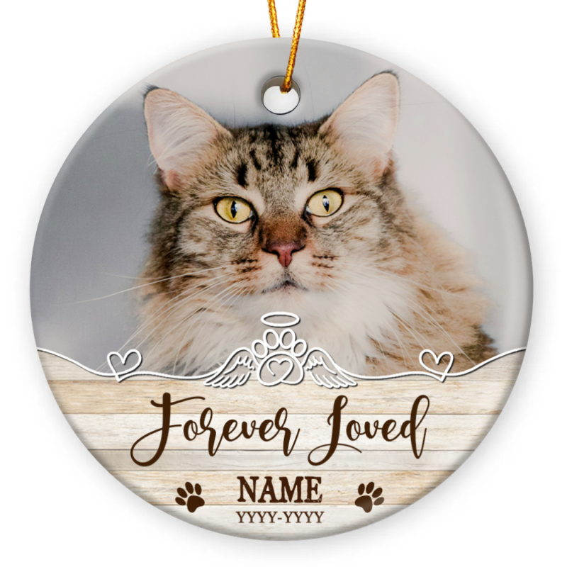 Personalized Upload Photo Cat Memorial Ceramic Ornament, Forever Loved Cat Keepsake Gifts, Ornament Gifts For Loss Of Pet