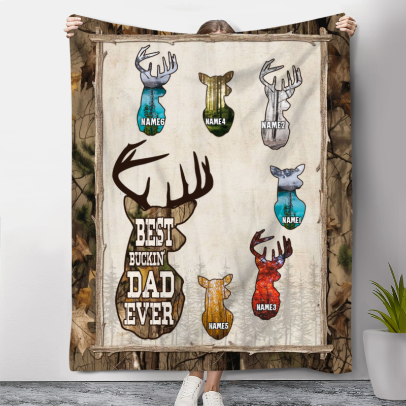 Best Buckin’ Dad Ever Personalized Blanket, Custom Dad Hunter Blanket With Kids Name, Deer Hunter Gift,  Fathers Day Hunter Gift For Dad