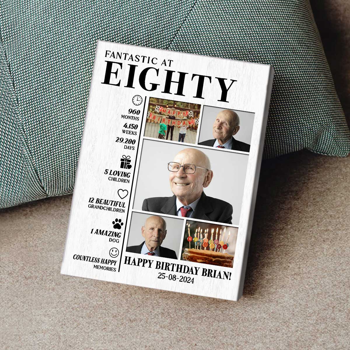 Personalized 80th Birthday Photo Canvas Print, Gifts For 80 Year