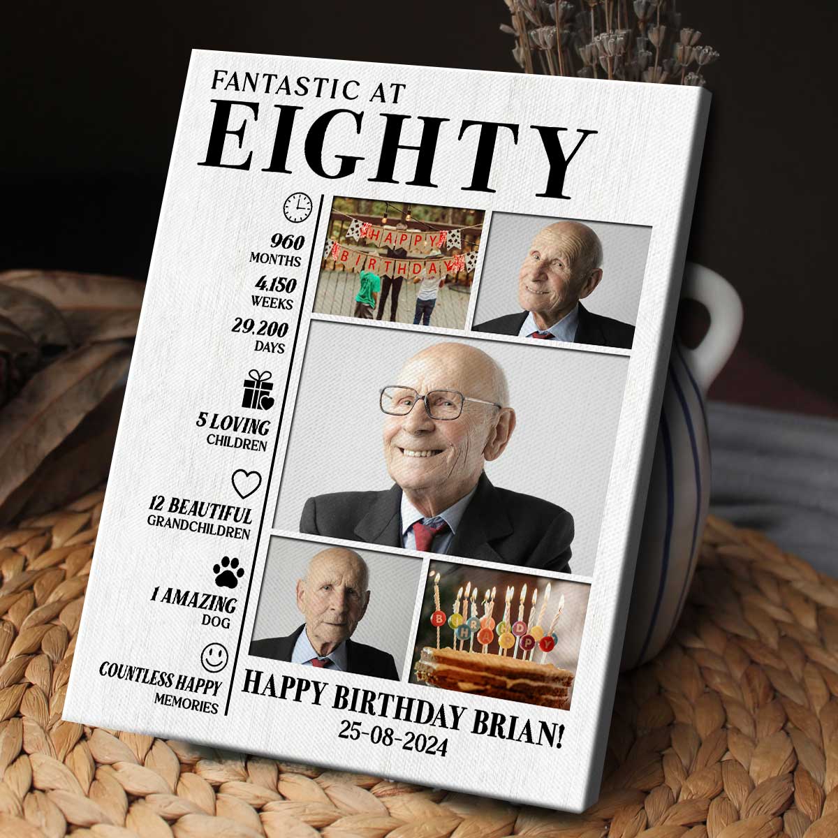 Personalized 80th Birthday Photo Canvas Print, Gifts For 80 Year