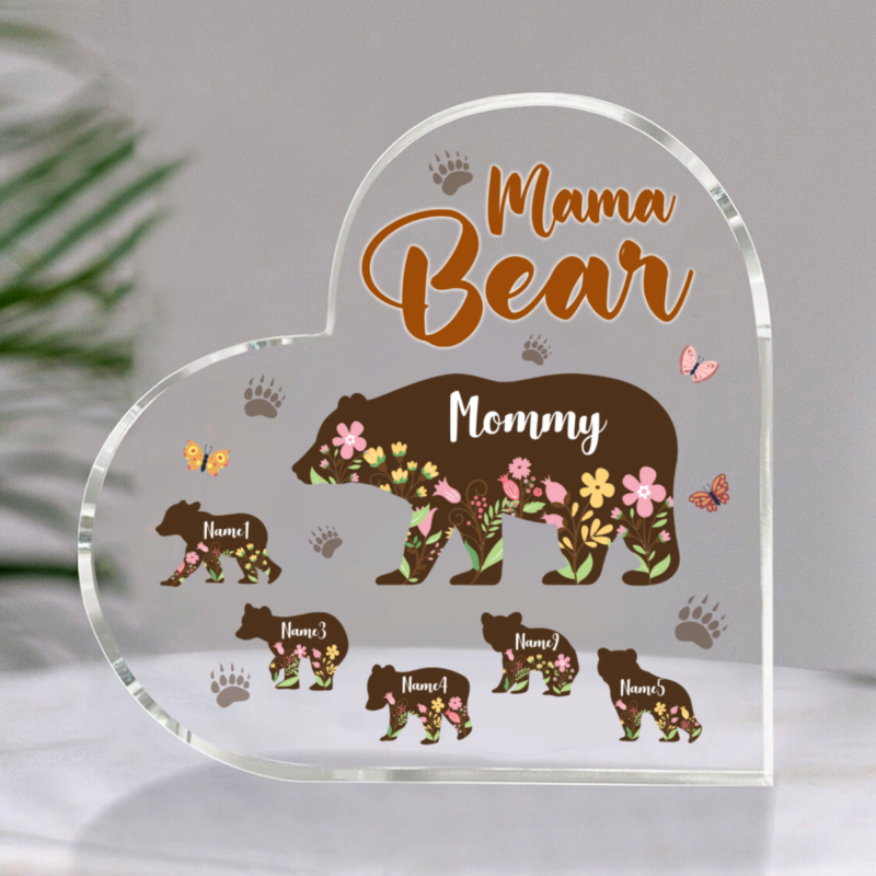 Mama Bear With Kids Names Personalized Heart Acrylic Plaque, Birthday Gifts For Mom From Kids, Mama Bear With Cubs Desk Sign, Gifts for Mother's Day