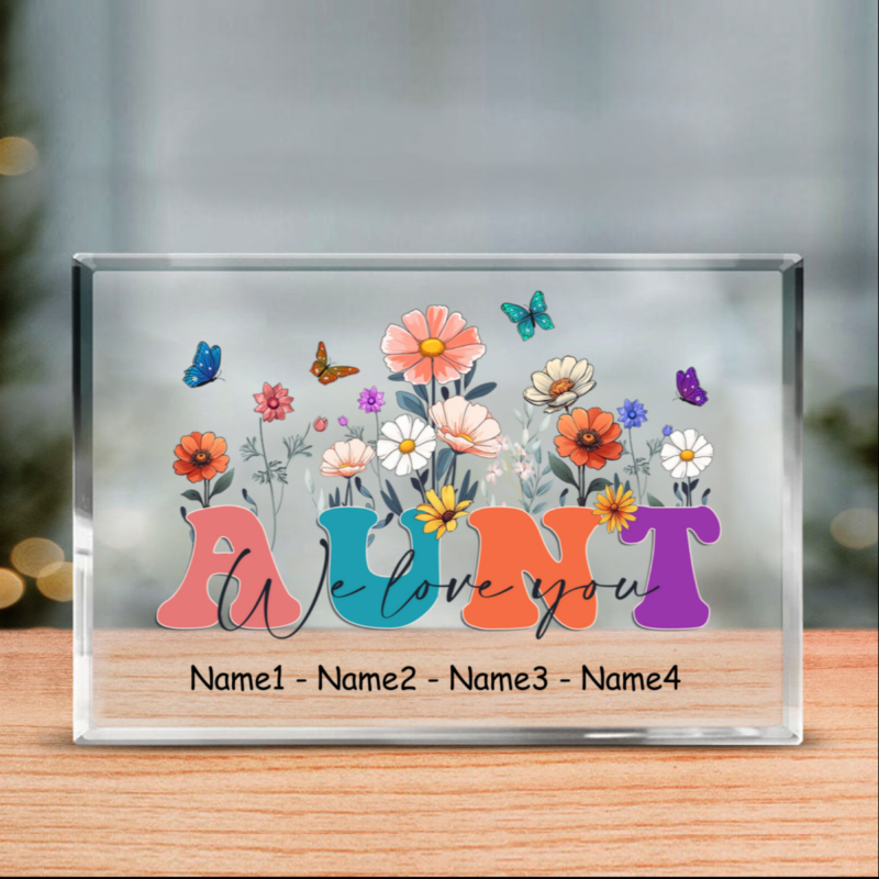 We Love You Aunt Personalized Floral Acrylic Block, Custom Christmas Gift for Auntie from Niece or Nephew, Aunt Keepsake Sign