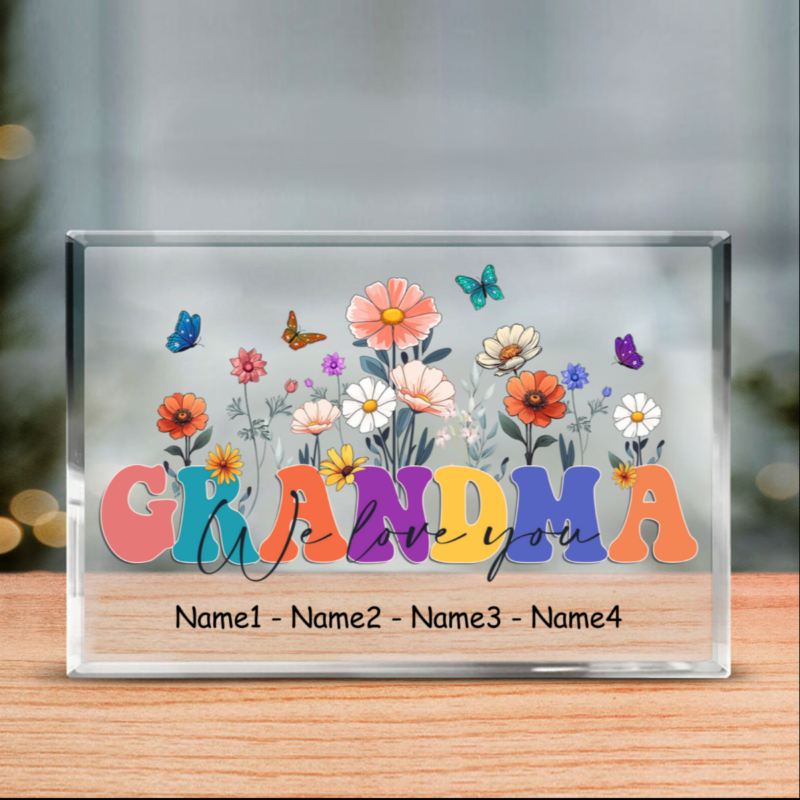 We Love You Grandma Personalized Floral Acrylic Block, Grandma Acrylic Sign With Grandkids Name, Custom Grandma Christmas Birthday Gifts