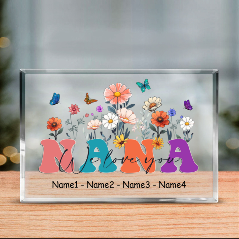 We Love You Nana Personalized Floral Acrylic Block, Nana Birthday Gifts With Grandkids Names, Christmas Gifts For Grandma