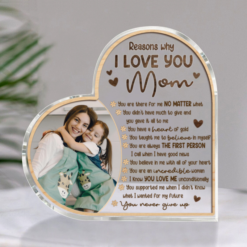 Custom Mom Heart Plaque with Photo – 10 Reasons Why I Love You Mom Keepsake, Mother’s Day Gift from Kids