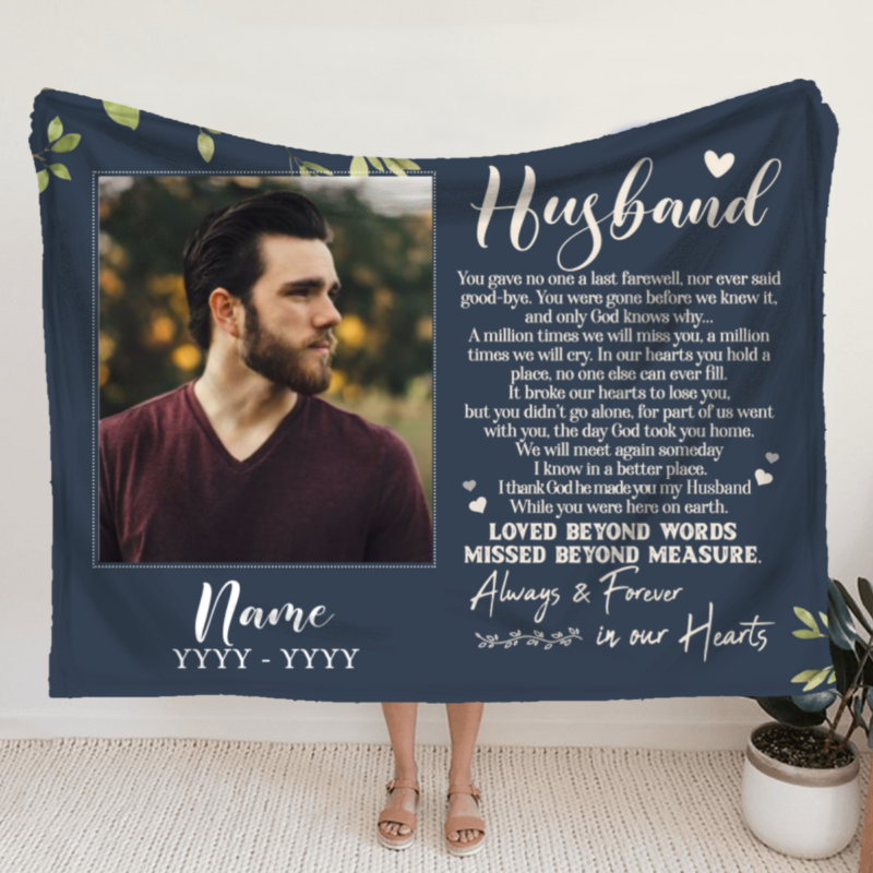 Personalized Sympathy Blankets For Loss Of Husband, Husband Memorial Blanket With Picture, Loss Of Husband Memorial Gifts