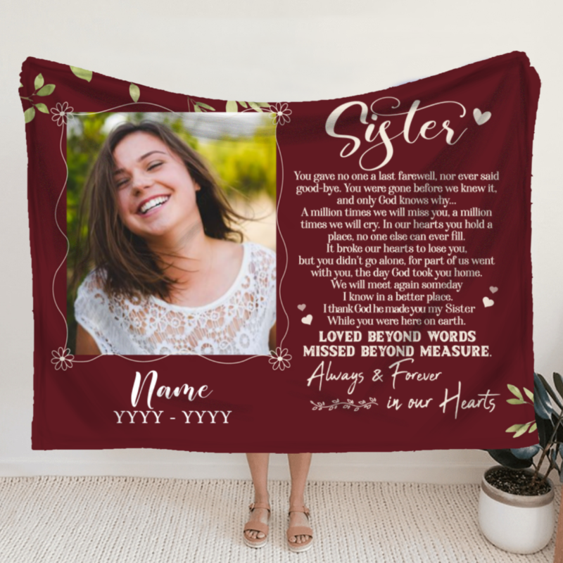 Personalized Sister Memorial Blanket With Picture, Custom Sister Sympathy Gift, Memorial Gifts For Loss Of Sister