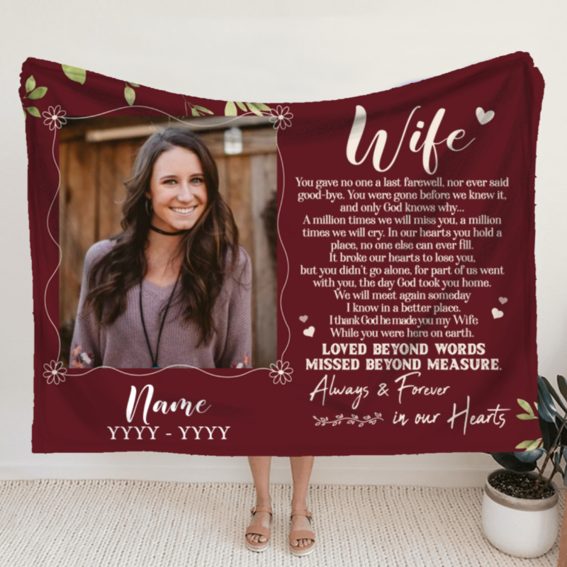 Personalized Memorial Blanket For Wife, Wife In Heaven Blanket With Photo, Memorial Gifts For Loss Of Wife, Wife Memorial Gifts