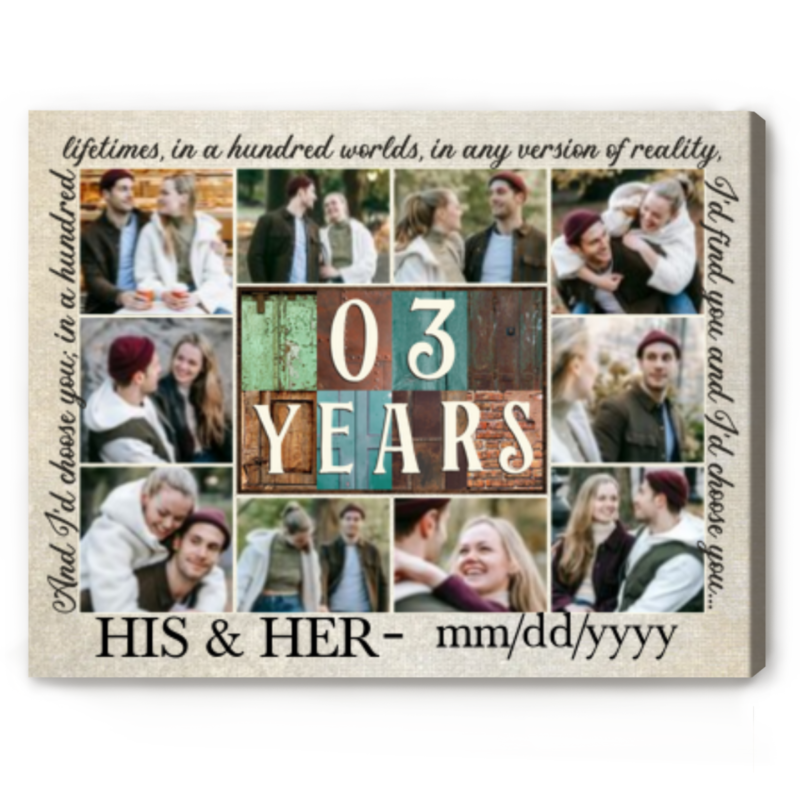3 Year Wedding Anniversary Gift, Custom 3rd  Anniversary Gift, 3 Years Together Photo Collage Canvas Print, 3 Year Anniversary Gift for Wife