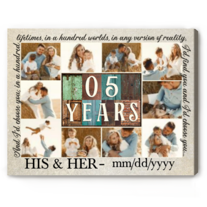5 Year Wedding Anniversary Gift, 5th Anniversary Gift For Wife, 5 Years Together Photo Collage Canvas Print, Personalized 5th Wedding Anniversary Gift for Couple