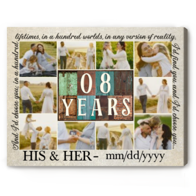 Personalized Wedding Anniversary Gift - 8 Years Together Photo Collage Canvas Print, Custom Gift for Couple, 8th Anniversary Gift for Wife