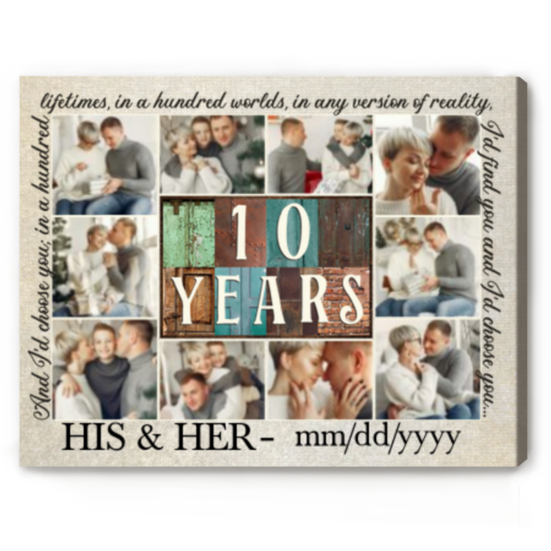10 Year Wedding Anniversary Gift, Custom 10th  Anniversary Gift, 10 Years Together Photo Collage Canvas Print, Ten Year Anniversary Gift for Wife