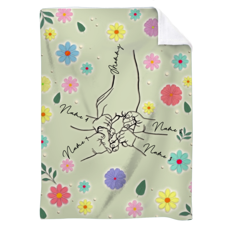 Custom Mom & Kids Holding Hands Blanket – Personalized Name Blanket Gift for Mom, Mother’s Day Gift from Children