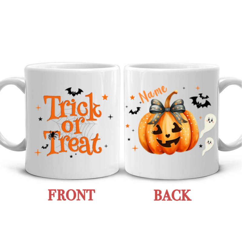 Trick Or Treat Halloween Mug, Personalised Pumpkin Halloween Mug, Pumpkin Mug Gift For Kids