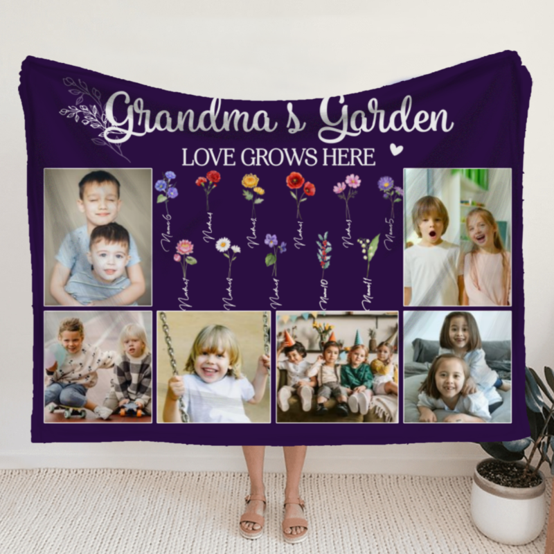 Grandma Gifts For Xmas, Grandma’s Garden Birth Flower Personalized Blanket, Custom Photo Blanket For Grandma, Gifts to Grandma from Grandkids
