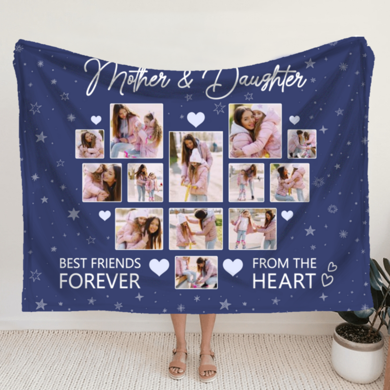 Mom And Daughter Blanket With Photo, Heart Shape Collage Gift For Mom From Daughter, Personalized Mom Daughter Mothers Day Gift, Daughter To Mum Gifts