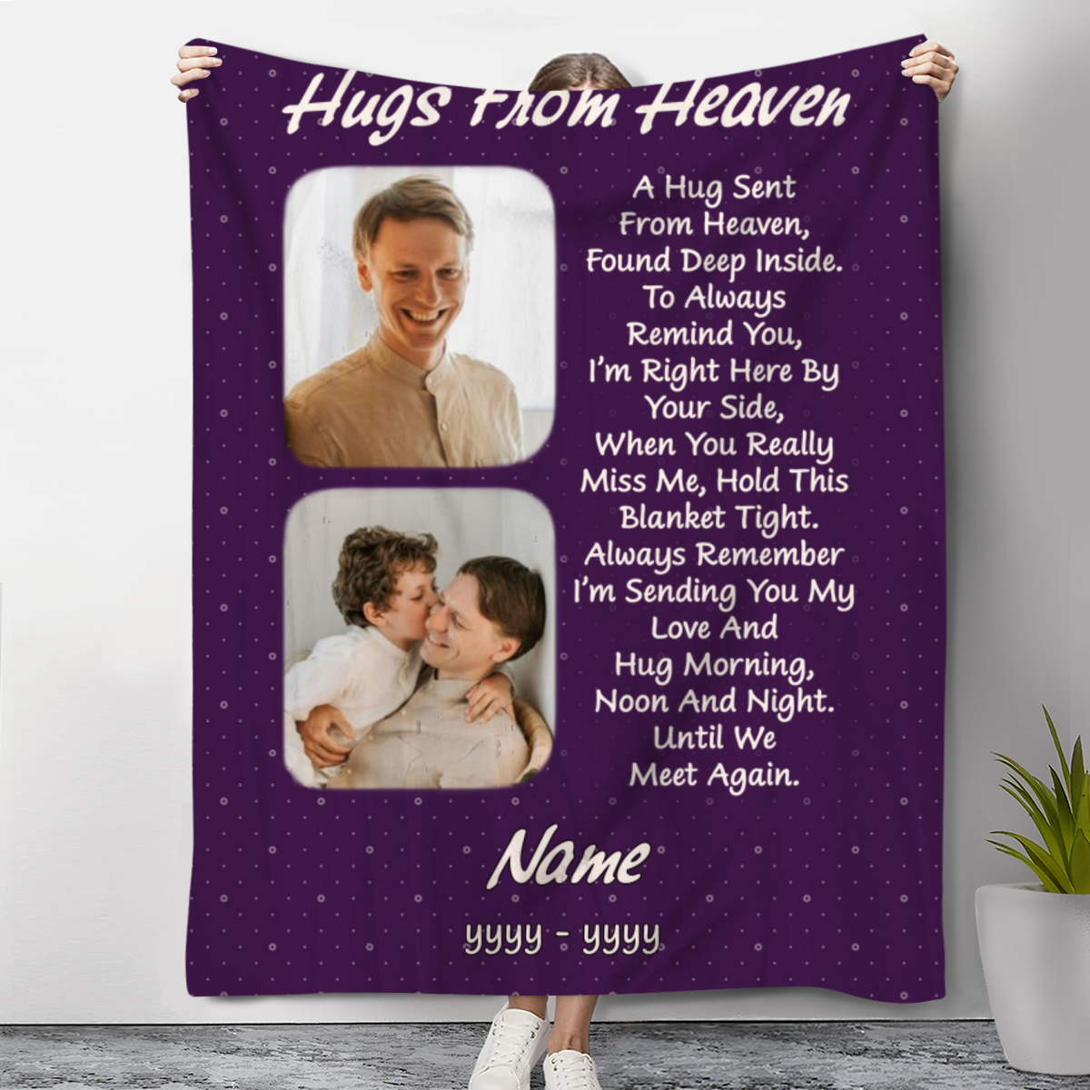Personalized Hugs From Heaven Blanket - Memorial Gift Idea - I'm Sending You My Love & Hugs Morning, Noon and Night
