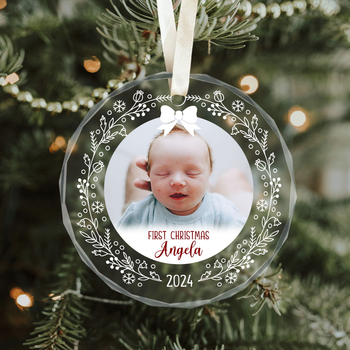 Baby First Christmas Personalized Photo Ornament, Baby Girl Glass
