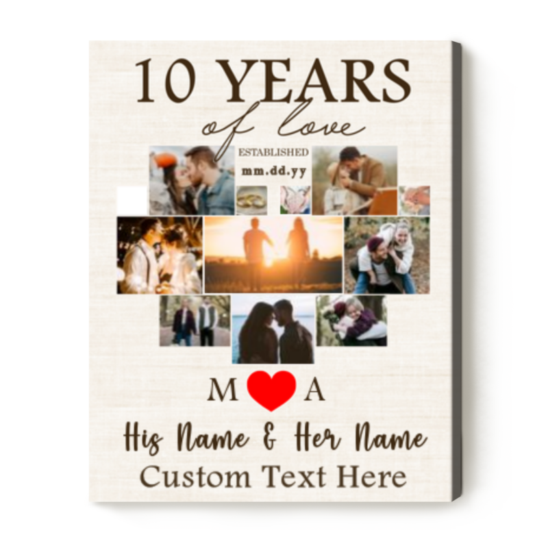 Personalized Anniversary Heart Photo Collage, Custom Wedding Anniversary Canvas, 10th Anniversary Present For Wife Husband, Couple Gifts, 10th Marriage Anniversary Gift