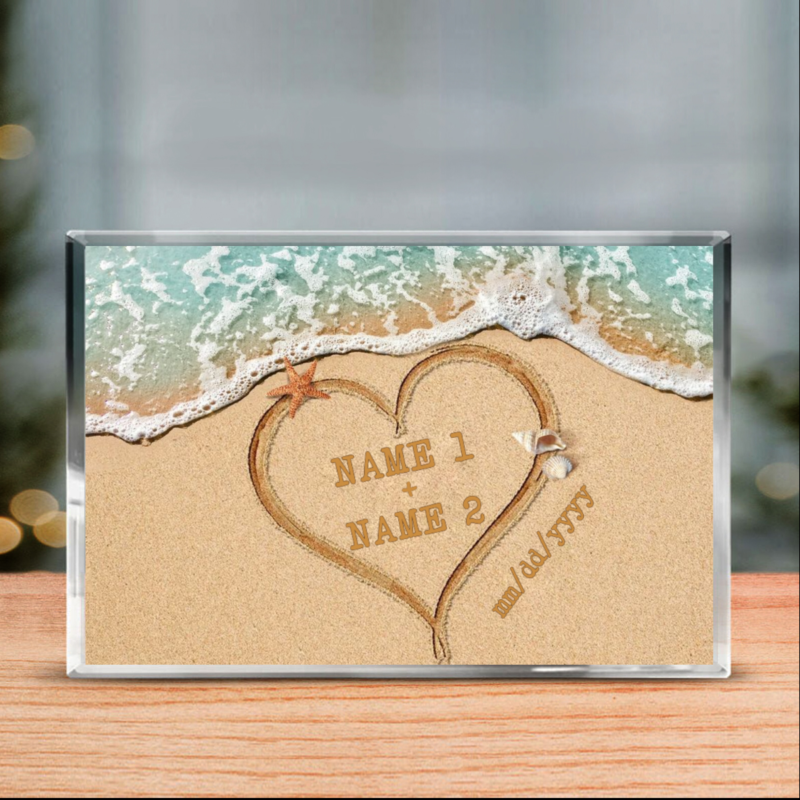 personalized heart in sand acrylic plaque, custom couple's names & special date block, beach valentines day keepsake gifts, engagement wedding gift