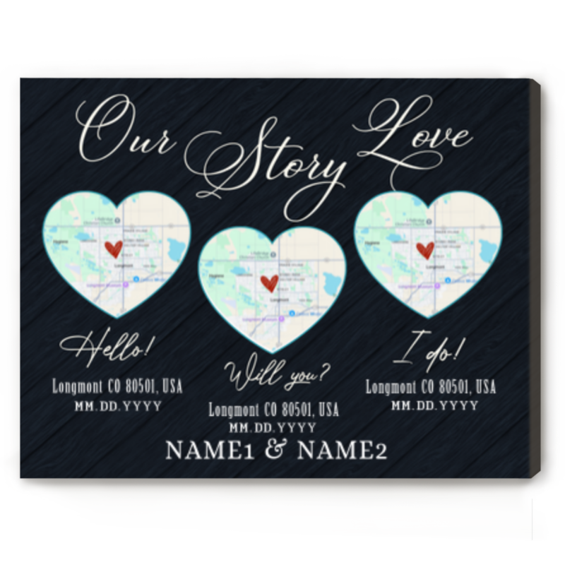 hello will you i do custom 3 heart map print, our love story anniversary gift, anniversary wedding gift for wife husband, romantic valentine map gift