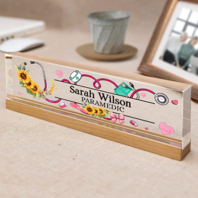 Personalized Nurse Stethoscope Acrylic Desk Name Plate, Custom Sunflower Medical Plaque, Doctor Office Appreciation Gift for Women