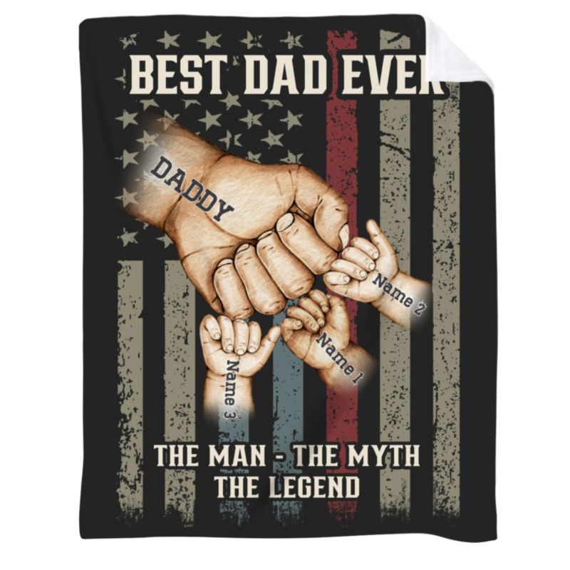 Custom fist bump blanket for dad with up to 5 kids’ names, customizable background color and skin tones, personalized Father’s Day gift.