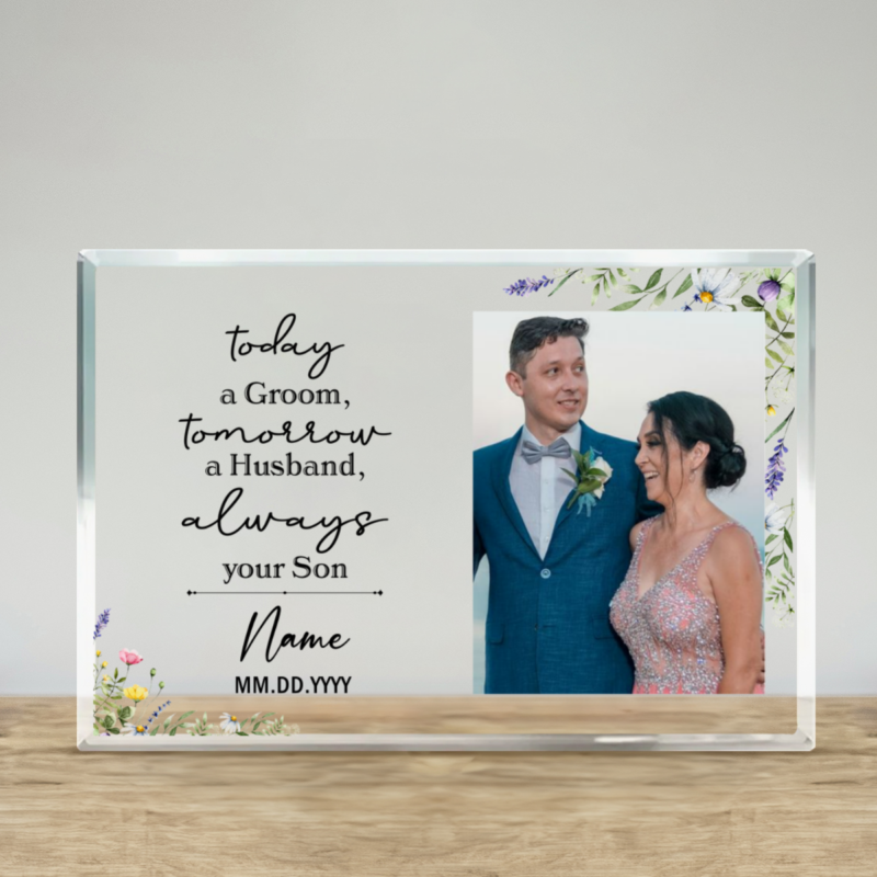 Personalized Mother of the Groom plaque with custom photo and heartfelt message, perfect wedding gift from son