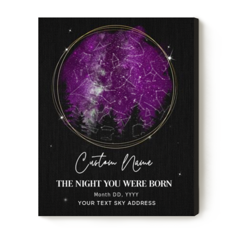 Custom star map print showing night sky on baby’s birth date, personalized new baby gift with constellations and name.