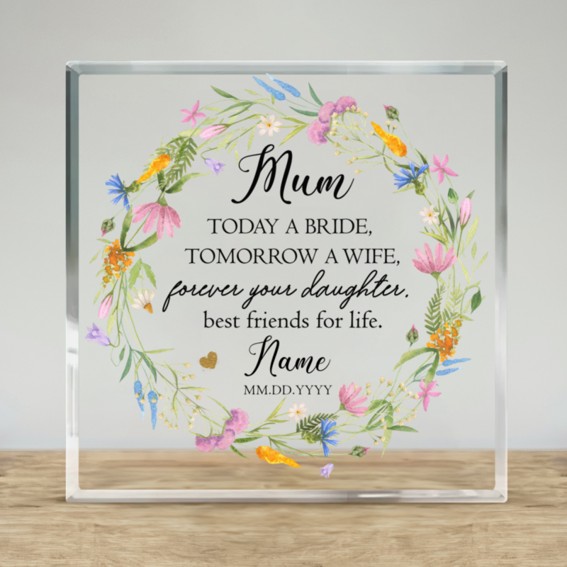 Personalized mother of the bride plaque from daughter with names and wedding date, custom wedding gift and keepsake for mom.
