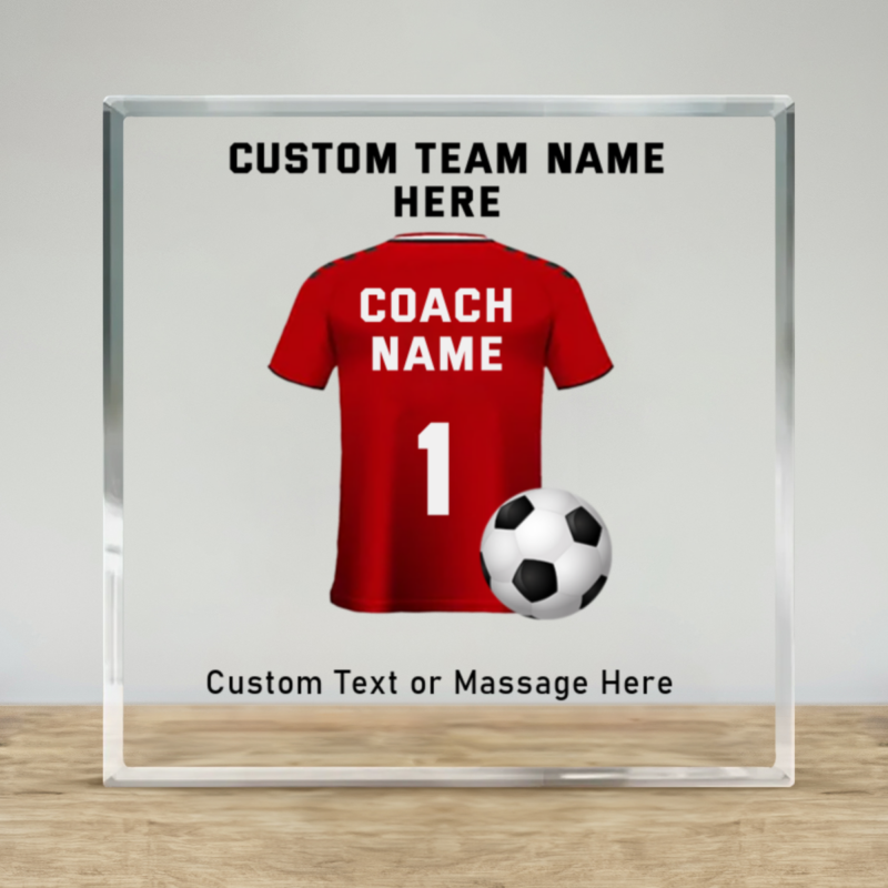 Personalized soccer coach plaque with name and season details, custom thank-you gift for soccer coaches at end of season.