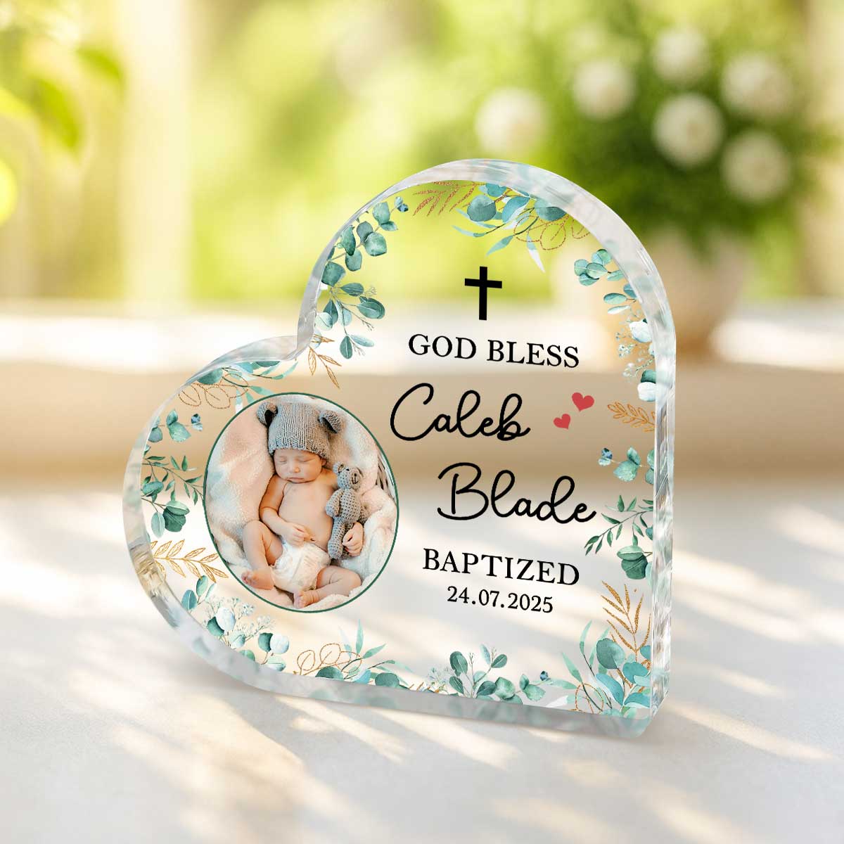 Personalized baptism plaque with child’s name and date, custom Christening keepsake gift from godmother or family.