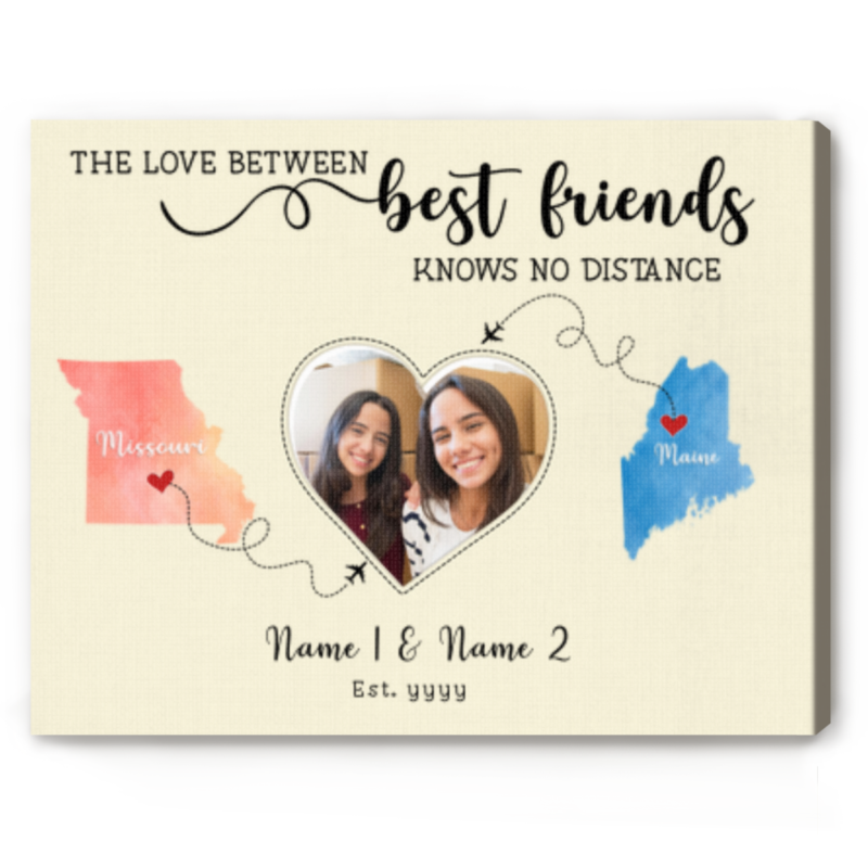 personalized long distance friend gift with photo, names, and states illustration, ideal for friendship anniversary or going away present.