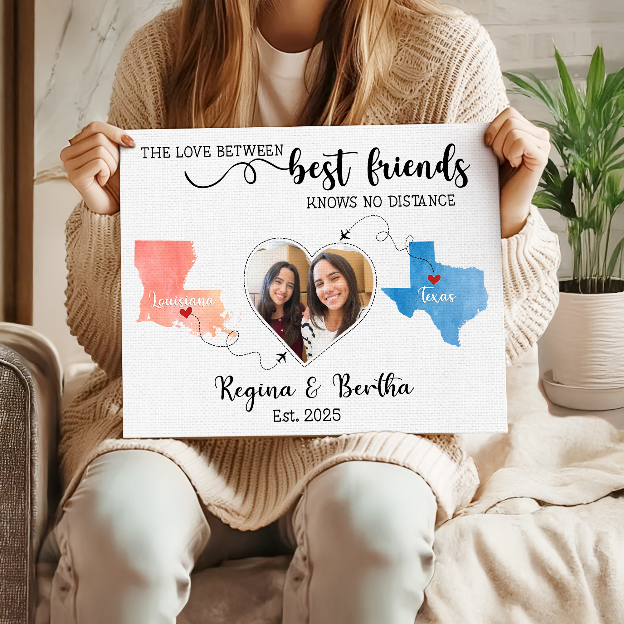 personalized long distance best friends gift with photo, names, and states illustration, ideal for friendship anniversary or going away present.
