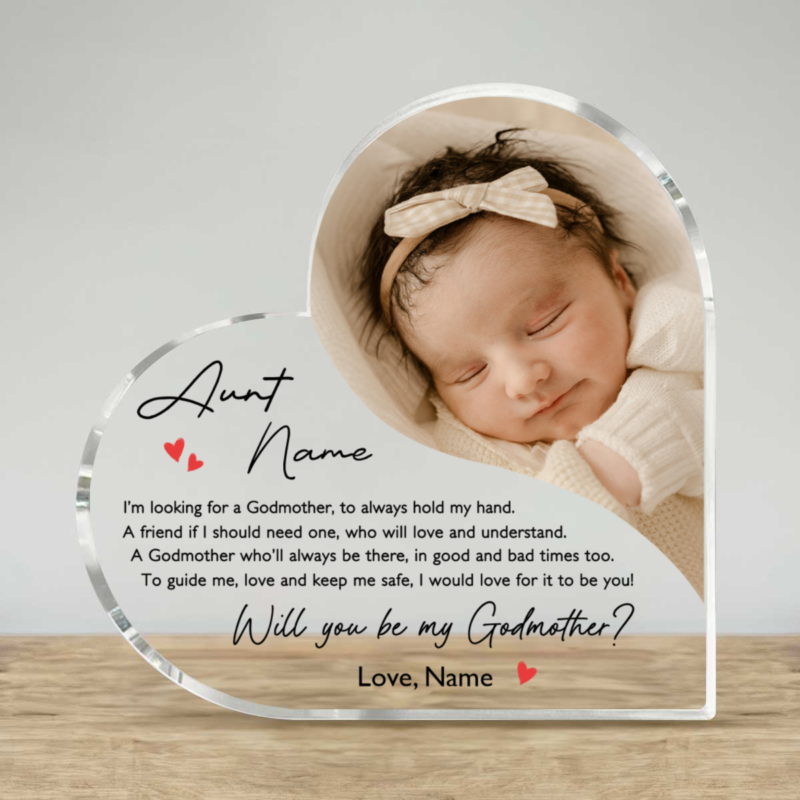 Personalized acrylic godmother proposal gift with name and date, custom “Will You Be My Godmother?” keepsake for Christening.