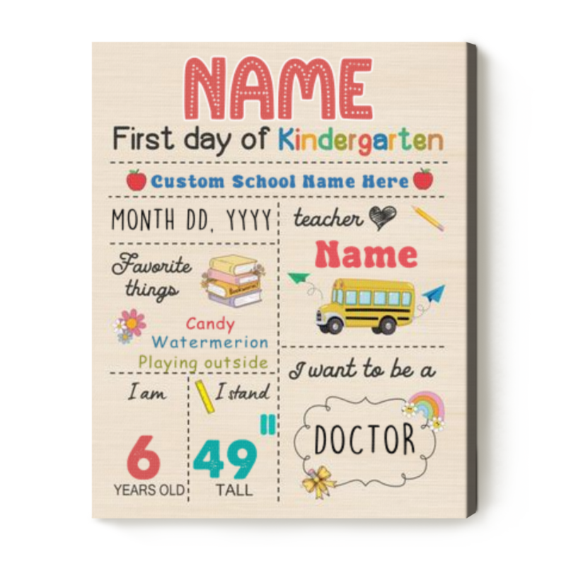 Personalized first day of school sign with child’s name, grade, and school year, custom back to school photo prop gift.