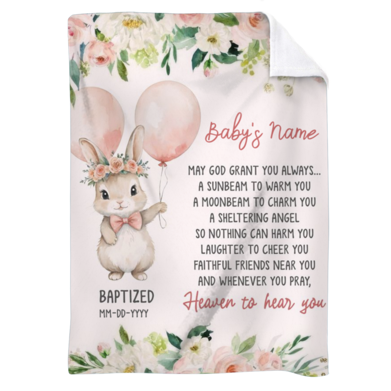 Personalized baptism blanket for girl with name and date – soft pink christening keepsake gift from godmother.