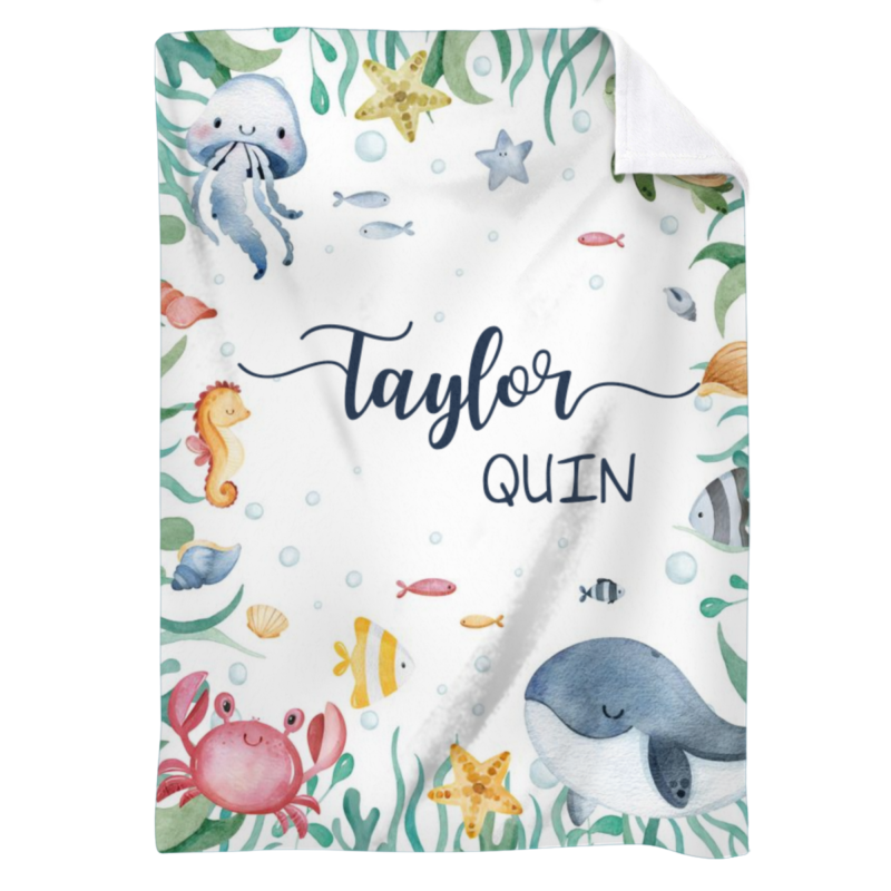 Personalized sea creatures baby blanket with whale and turtle design – ocean themed newborn gift for baby shower and nursery décor.