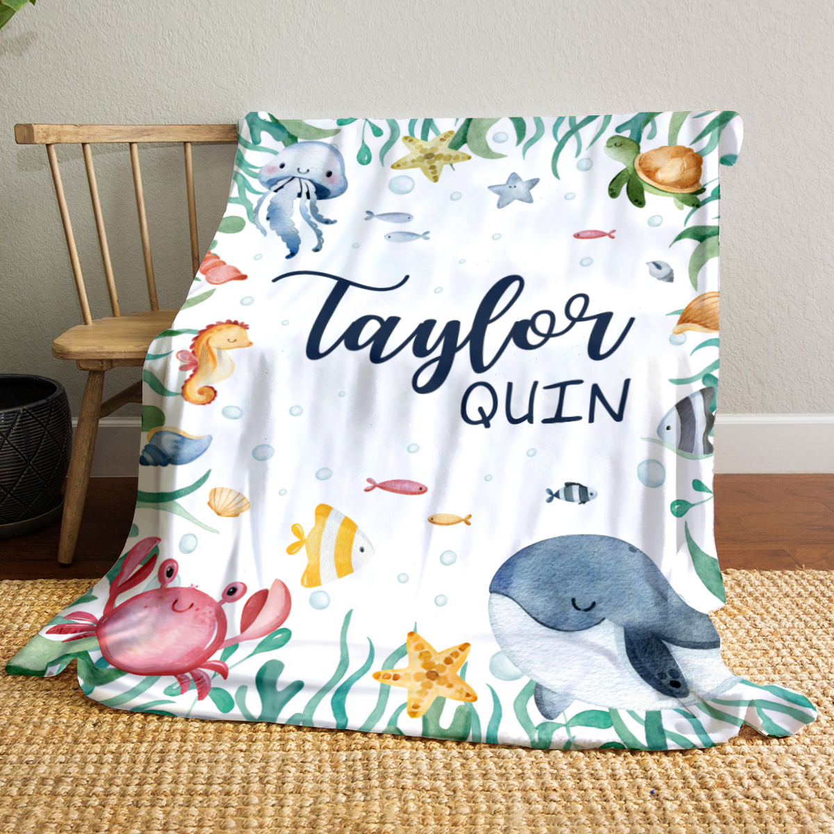 Personalized Sea Creatures Baby Blanket, Ocean Themed Baby