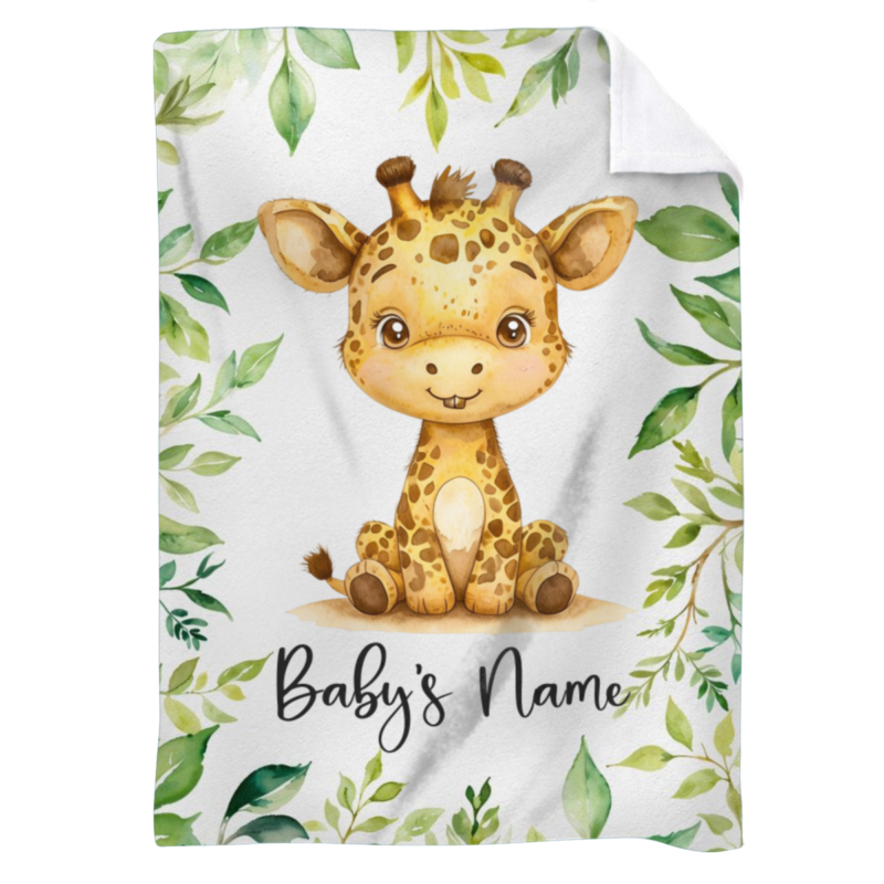 Personalized giraffe baby blanket with name in safari theme – newborn boy baby shower gift and giraffe crib bedding décor.