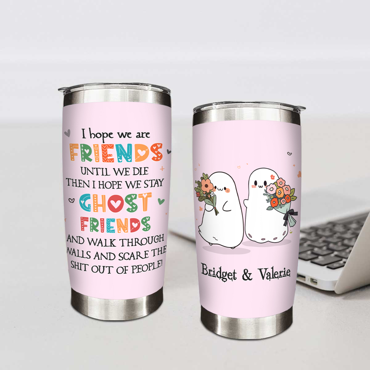 Personalized Ghost Friend Tumbler with colorful friendship quote on one side and cute ghost friends holding flowers with custom names on the other, perfect best friend gift for Christmas, Halloween, or graduation