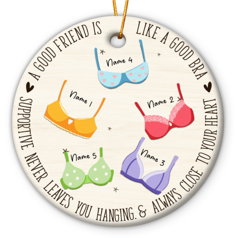 Funny ornament for friends with colorful bras and a a quote about friendship, personalized with names, perfect Christmas gift