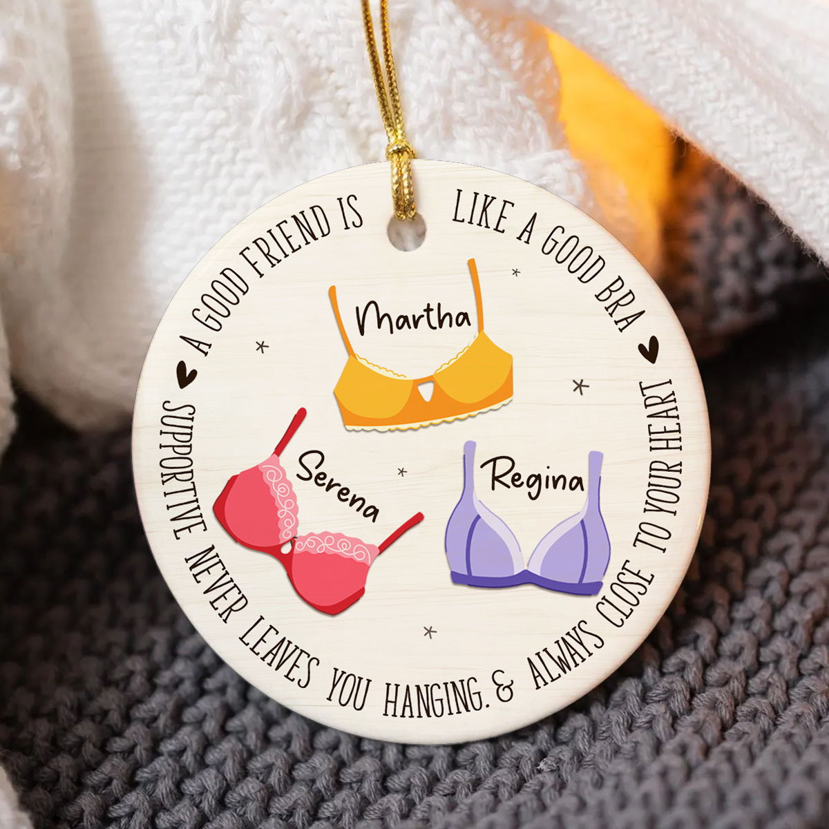 Funny ornament for friends with colorful bras and a a quote about friendship, personalized with names, perfect Christmas gift