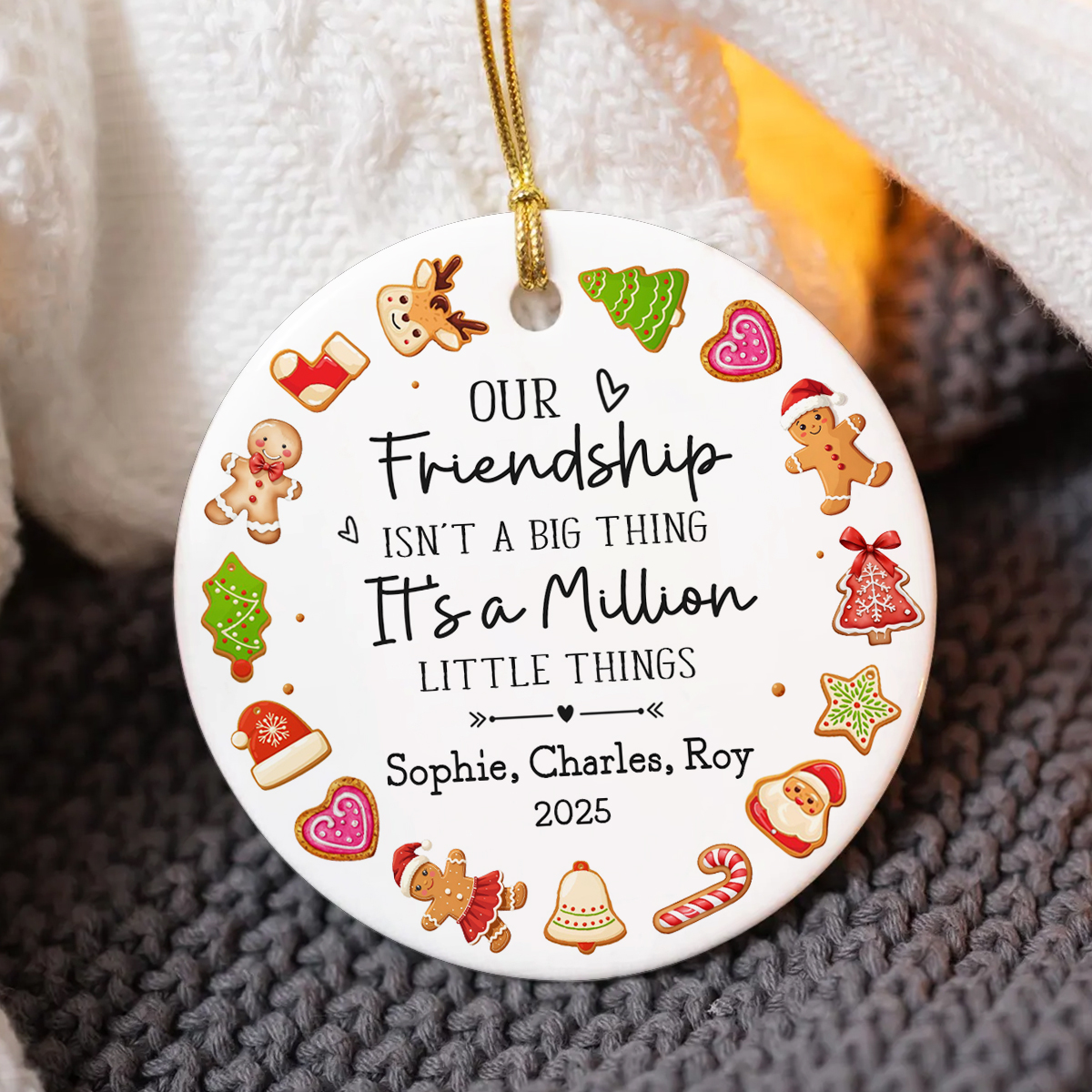 Custom Friendship Christmas Ornament with names, cute cookie and gingerbread designs, custom friendship holiday gift