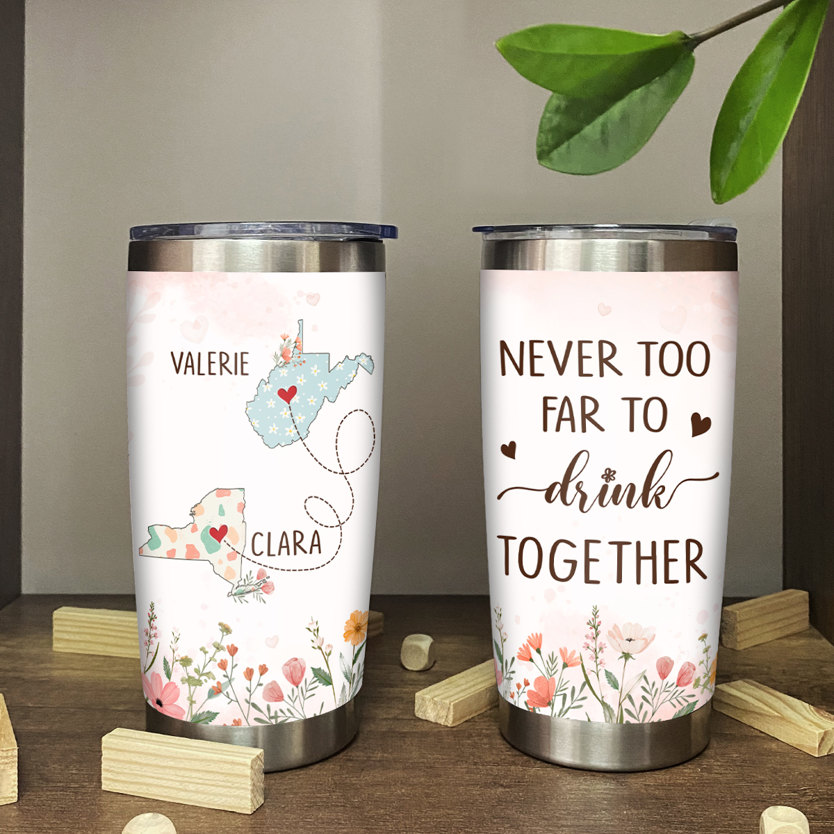 Personalized Friendship Long Distance Tumbler with custom state to state design, unique gift for bestie, BFF, or sister to celebrate staying connected across the miles.